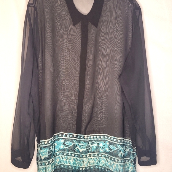 JM Collection Sheer Blouse XL Black with Turquoise Detail Excellent 🖤 - Picture 2 of 3